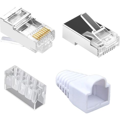 Packung mit 20 geschirmten RJ45 CAT6 Crimp-Netzwerksteckern, RJ45 Ethernet-LAN-Stecker, kompatibel mit CAT5e-, CAT6- und CAT6A-Kabeln, Standard-Netzwerkstecker mit Verdrehschutz