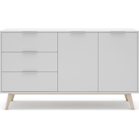 Buffet, meuble de rangement avec 2 portes et 3 tiroirs aspect bois et bois de pin coloris blanc, pieds en pin - Longueur 140 x Profondeur 40 x Hauteur 81 cm (1/5)
