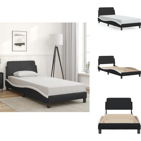 Cadre de lit sans matelas noir et blanc 90x200 cm similicuir - Lit Plateforme - Cadre De Lit - Lit Double - Literie - Meubles De Chambre (1/5)