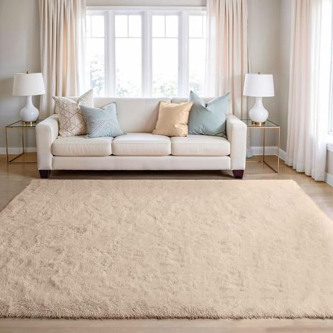 Tapis de Salon Shaggy Tapis Chambre Moderne à Poils Longs et Moelleux, Grand Doux Tapis de Sol Pelucheux Dessous Antidérapant, Beige Sable, 120x170cm (1/5)