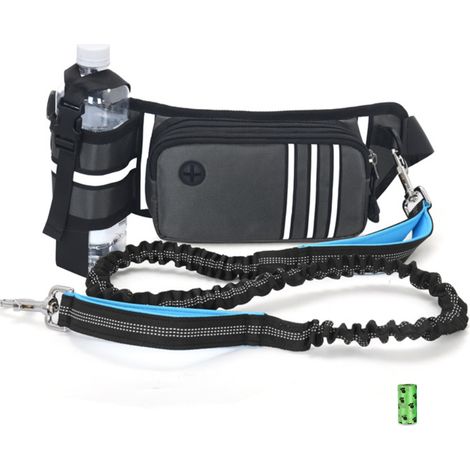 Laisse de course mains libres pour chien avec poche à fermeture éclair, porte-bouteille d’eau, ceinture réfléchissante, sac de taille pour jogging et promenade en extérieur. (1/5)