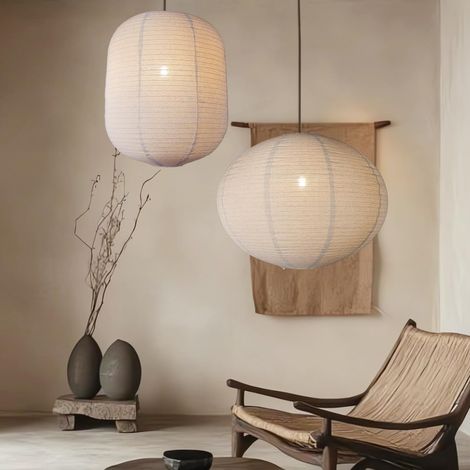 Set of 2 Linen Effect Fabric Hanging Lampshades, Beige Oval 50cm + Cylindrical 42cm, Minimalist Boho, For Living Room, Bedroom, Dining Room, Hotel Decoration (1/5)