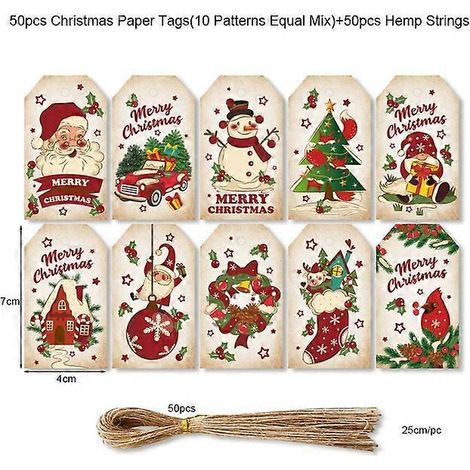 Lot de 50 étiquettes cadeaux de Noël en papier pour emballage cadeau, décorations à suspendre au sapin et décorations du Nouvel An.