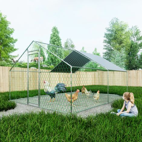 Poulailler en métal 3x4x2 m, enclos poulailler avec porte sécurisée et bâche imperméable PE anti-UV, parc à volailles pour poules, lapins et petits animaux (1/5)
