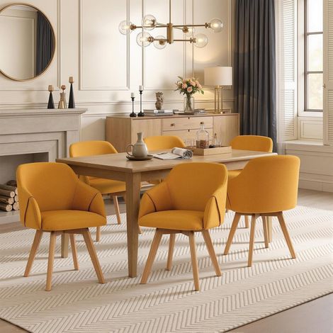 Lot de 6 chaises de salle à manger pivotantes 360° avec accoudoirs, tissu lin jaune, pieds bois de hêtre massif (1/5)