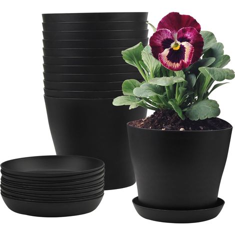 Pots de Fleurs en Plastique Lot de 12 avec Soucoupe - 17 cm Noir - Trous de Drainage pour Plantes d'Intérieur et d'Extérieur - Jardin, Balcon, Terrasse (1/5)