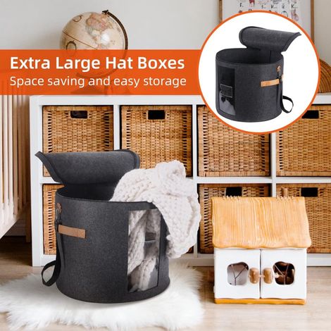 Scatola porta cappelli - Scatola portaoggetti - Scatola porta cappelli - Rotonda - Grigio scuro - 50 x 43 cm - Feltro - Pieghevole - Con coperchio, maniglia e cerniera - Finestra trasparente (1/5)