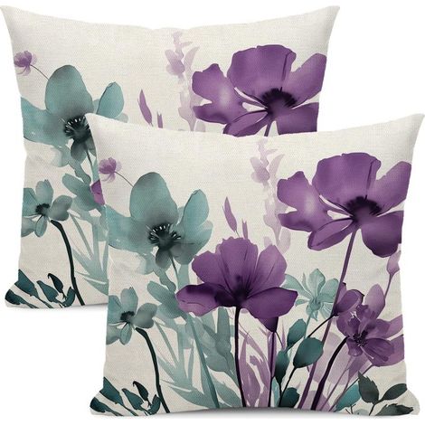 Kissenbezüge aus Leinenmischgewebe mit blauem und violettem Blumenmuster (45 x 45 cm, 2er-Set)