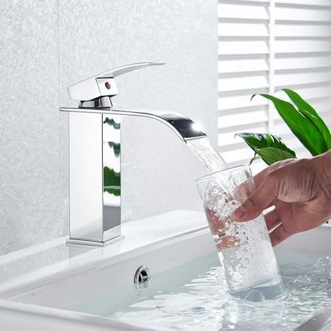 1 Robinet de lavabo, Finition chrome, Hauteur 19cm, Laiton, Vanne céramique, Pour salle de bain (1/4)