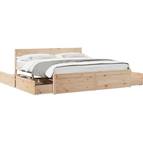 Vidaxl – Cadre de lit 200x200 cm en pin massif – Sommier à lattes inclus – Tiroirs de rangement pratiques – Tête de lit décorative (1/7)