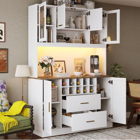 Aparador de cocina 120 x 36,3 x 180 cm con LED, enchufe, 6 puertas y 2 cajones, blanco (1/5)