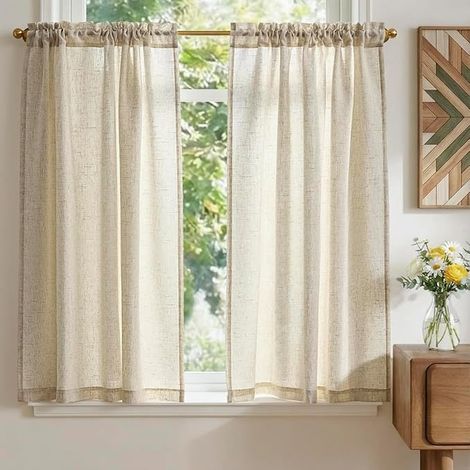 Rideaux Cuisine Court Brise Bise, Beige 65L x 115H(cm) Panneaux à Passe Tringle Petit Rideau, Fenêtre Placard Meuble Bas Chambre Cache Evier，Effet Légers (1/5)