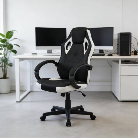 Gamingstuhl aus elastischem Netz und PU in Schwarz/Weiss mit Armlehnen, Kopfstuetze, Wippfunktion und Gasfeder 44-54 cm (1/5)