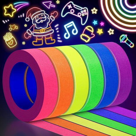 Ruban adhésif fluorescent en tissu néon 6 couleurs - 1,5 cm x 5 m, pour soirées UV, marquage, sans résidus, lot de 6 (1/5)