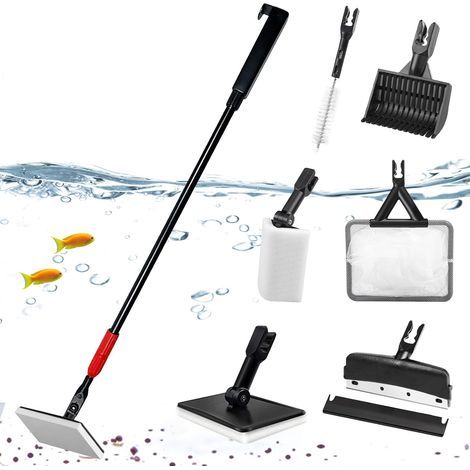 Aquarium-Reinigungsset: 6-in-1-Aquarium-Reinigungsset, Aquarium-Reinigungswerkzeuge mit Teleskopstiel, Schaber, Kescher, Reinigungsbürste, Sandrechen (1/5)