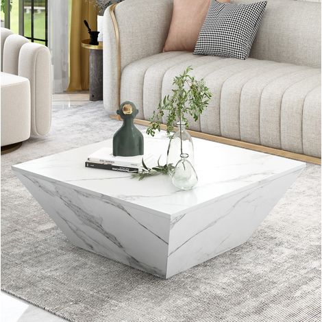 Couchtisch 70x70x37 cm Weiß MDF mit Marmorfurnier und 2 Schubladen (1/5)
