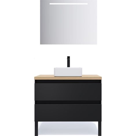 Meuble de salle de bain suspendu vasque à poser 90cm 2 tiroirs Noir + miroir - Hudson (1/5)