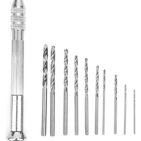 Mini perceuse à main en alliage d'aluminium argenté avec 10 forets, outil manuel de menuiserie (1/5)