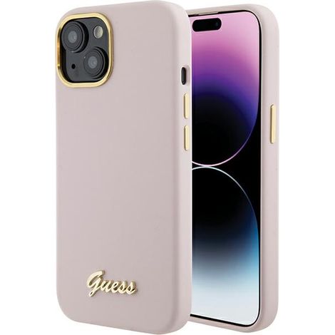 Guess GUHCP15SSMBSLP iPhone 15 / 14 / 13 6.1 custodia rigida rosa/rosa in silicone con scritta e cornice in metallo (1/5)