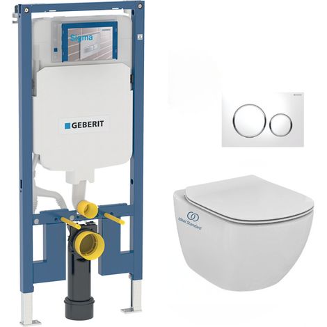 Geberit – Pack WC bâti-support extra-plat UP720 – Cuvette suspendue sans bride en porcelaine – Abattant softclose – Plaque de déclenchement blanc/chrome (1/5)