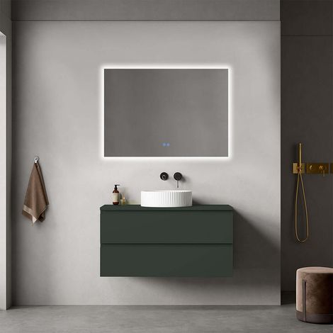Mobile bagno sospeso 100 cm Verde Comodoro per Lavabo d'appoggio Specchio Quadro Retroilluminato - Fiji Paint Top