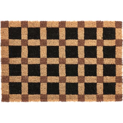 Felpudo de fibra de coco antideslizante 40 x 60 cm con base de PVC motivo a cuadros beige y negro Villasis (1/5)