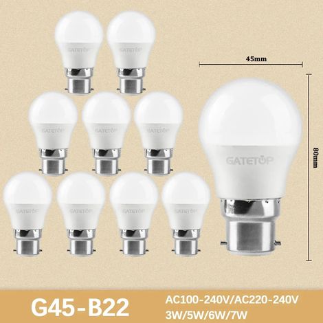 (G45 B22, Blanc froid 6000K) 10 mini-ampoules LED à haut rendement lumineux, sans scintillement, idéales pour l'éclairage des pièces à vivre.