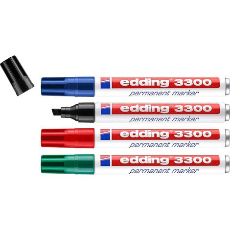 Marqueur permanent - noir, rouge, bleu, vert - 4 stylos - pointe biseautée 1-5 mm - sèche vite - résiste à l'eau et à l'essuyage - pour carton, plastique, bois, métal - Marqueur universel (1/5)