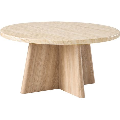 CALICOSY - Table basse ronde décor travertin et pied décor chêne D80 cm - AGATE (1/5)
