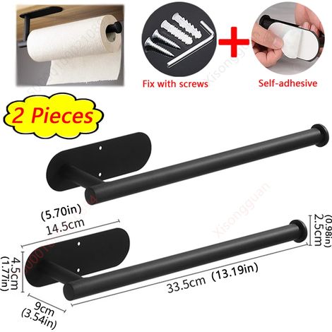 (Lot de 2 supports longs noirs) Porte-essuie-tout, porte-papier toilette, distributeur de mouchoirs adhésif, accessoires de rangement pour salle de bain (1/5)