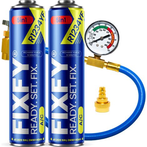 Kit di ricarica Fixfy 5 in 1 per condizionatore d'aria: 2 bombolette grandi da 500 ml + tubo flessibile con manometro + adattatore R1234yf (1/5)