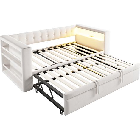 Lit rembourré 90/180×190 cm avec éclairage LED, prises électriques et grand espace de rangement lit rembourré, canapé-lit multifonction, lit simple, beige (1/5)