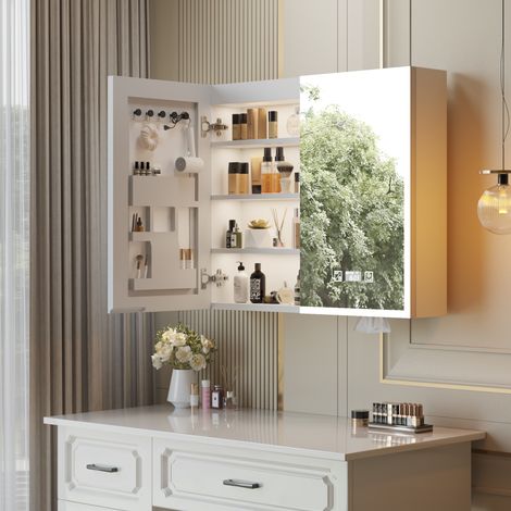 FCH Weißer LED-Spiegelschrank (81 x 71 cm), Doppeltüren, 7 Einlegeböden, mit Zeit- und Temperaturanzeige, dreifarbiger Beleuchtung, Speicherfunktion bei Stromausfall, Antibeschlagfunktion (1/5)