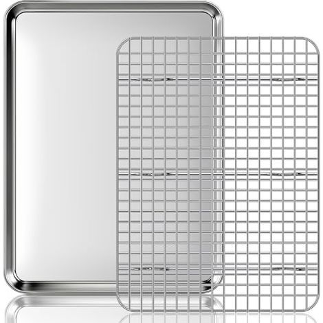 Backblech mit Kühlgitter: Ein Set aus Edelstahl-Backblechen und -Grillrosten, geeignet zum Braten, Kochen und Grillen, 40,5 x 30,5 x 2,5 cm (1/5)