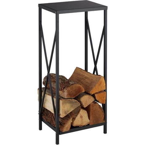 Étagère de cheminée, métal, HLP 80x34x25 cm, Range Bois intérieur, revêtement poudré, entreposage Bois, Noir (1/5)