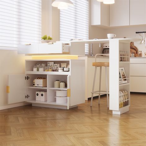 Table de Bar Extensible 115-183x40x99.5cm - Îlot de Cuisine Pivotant avec Éclairage LED et Rangement - Moderne - Blanc (1/5)