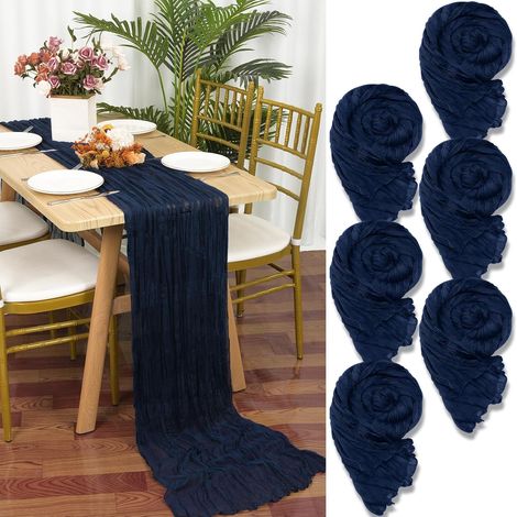 Lot de 6 chemins de table en gaze bleu marine, 55x300 cm, tissu rustique pour mariage.