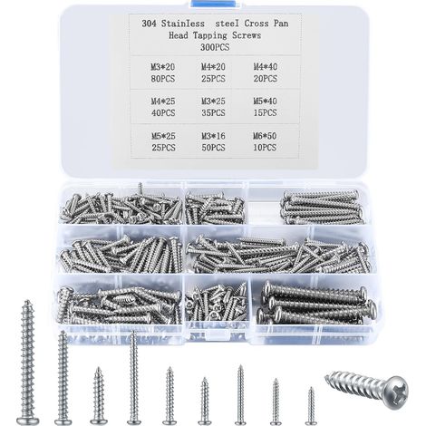 300 Pièces Vis Autotaraudeuses à Tête Ronde, Vis Autoforeuses à Tête Cruciforme, Vis à Bois à Autoperceuses, Vis à Tête Croisée pour Plastique Bois Métal - M3, M4, M5, M6 (1/5)