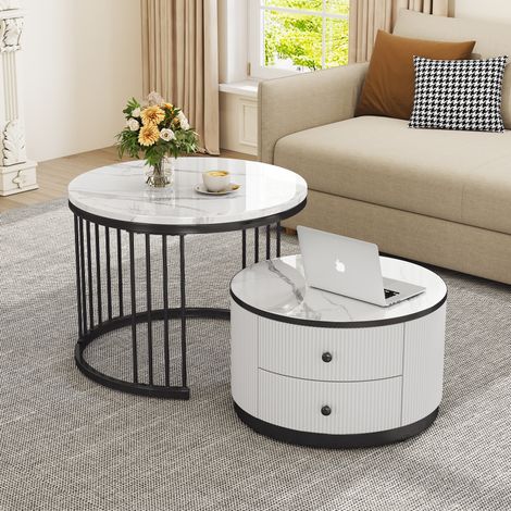 Tavolino da caffè 2 pezzi in MDF, bianco/nero, rotondo, 60x60x45,5 cm + 50x50x32 cm, lucido effetto marmo (1/5)