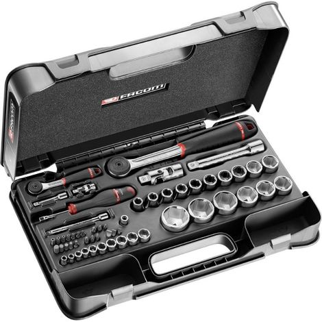 Facom – Coffret cliquet et douilles 1/4' 1/2' – 55 pièces – Douilles 6 pans métriques – Rallonges et embouts inclus (1/8)