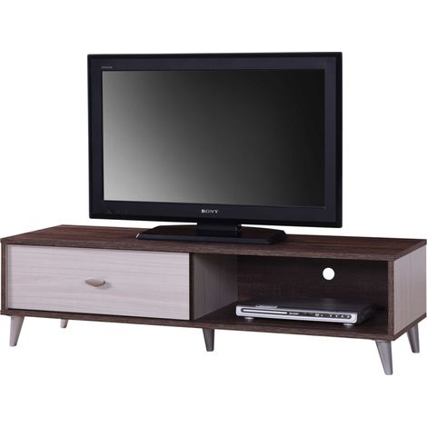 Meuble TV BODRUM 120 cm avec une porte coulissante coloris noyer et blanc.
