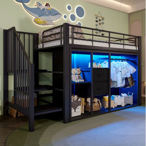 Letto rialzato bambino 90x200 cm con 2 cassetti, armadio aperto, LED e vano portaoggetti, in metallo, nero, senza materasso (1/5)