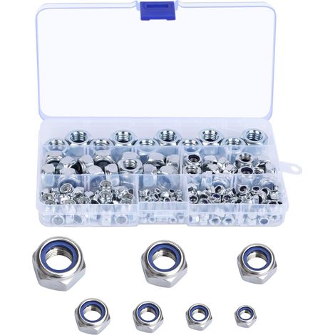 MINKUROW Assortimento di 175 dadi di bloccaggio, dadi di bloccaggio autobloccanti in acciaio inossidabile, dadi esagonali, inserti filettati M3 M4 M5 M6 M8 M10 M12, dadi di bloccaggio in nylon (1/5)