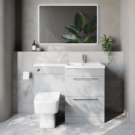 Napoli 460 Gloss Grey Pearl 1100mm 2 Drawer Vanity Unit Toilet Suite with Right Hand Square Lucia Basin - 1100mm - Chrome 320mm HandleWith Kingston Toilet Pan and Seat