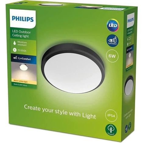 PHILIPS Plafonnier DORIS - 6W - 2700 Kelvin - IP54 - Noir (1/5)