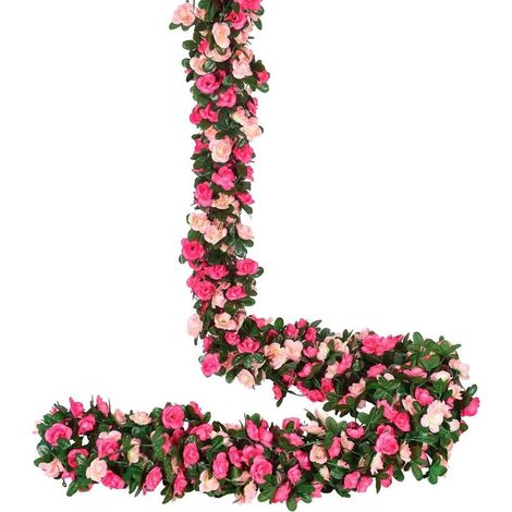 Guirlande de 4 roses artificielles, 270 cm, avec feuillage vert, idéale pour la décoration de mariage, de fête et de jardin.