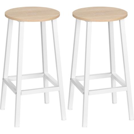 Set 2 Sgabelli da Cucina in Truciolato e Acciaio con Piano Liscio e Poggiapiedi, 32.5x32.5x65 cm, Bianco e Legno (1/5)