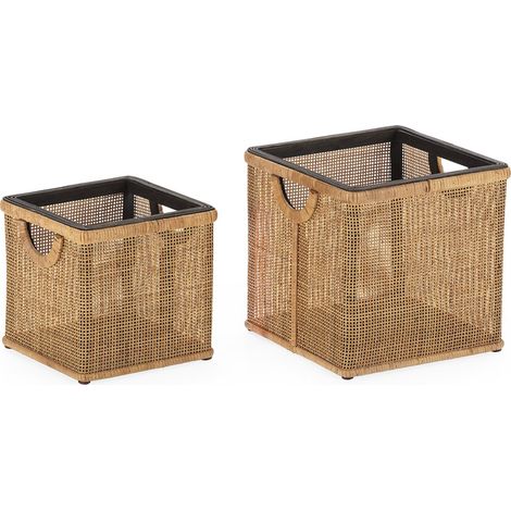 Panier déco en bois d'épicéa et rotin noir naturel - Naturel bois clair et noir