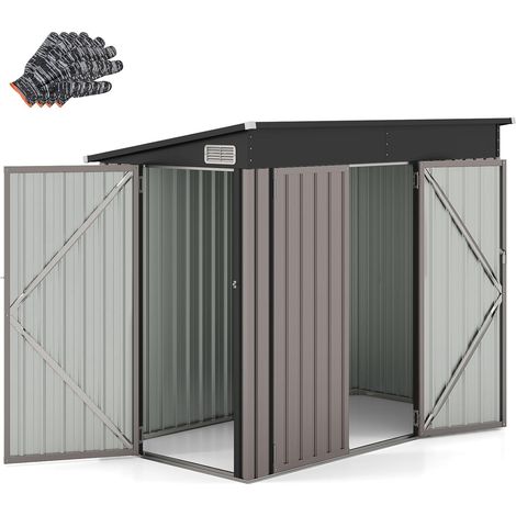Costway – Abri de jardin métal 2,6m² – Structure en acier galvanisé – Toit incliné pour ruissellement rapide – Double porte avec serrure et clés – Gris foncé (1/5)