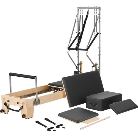 VEVOR Reformer Pilates en Bois, Machine de Pilates Charge 181,44 kg, Equipement deEntrainement avec Double Resistance, Boite et Planche de Saut, pour Utilisateurs Avances et Debutants, Gym Domicile